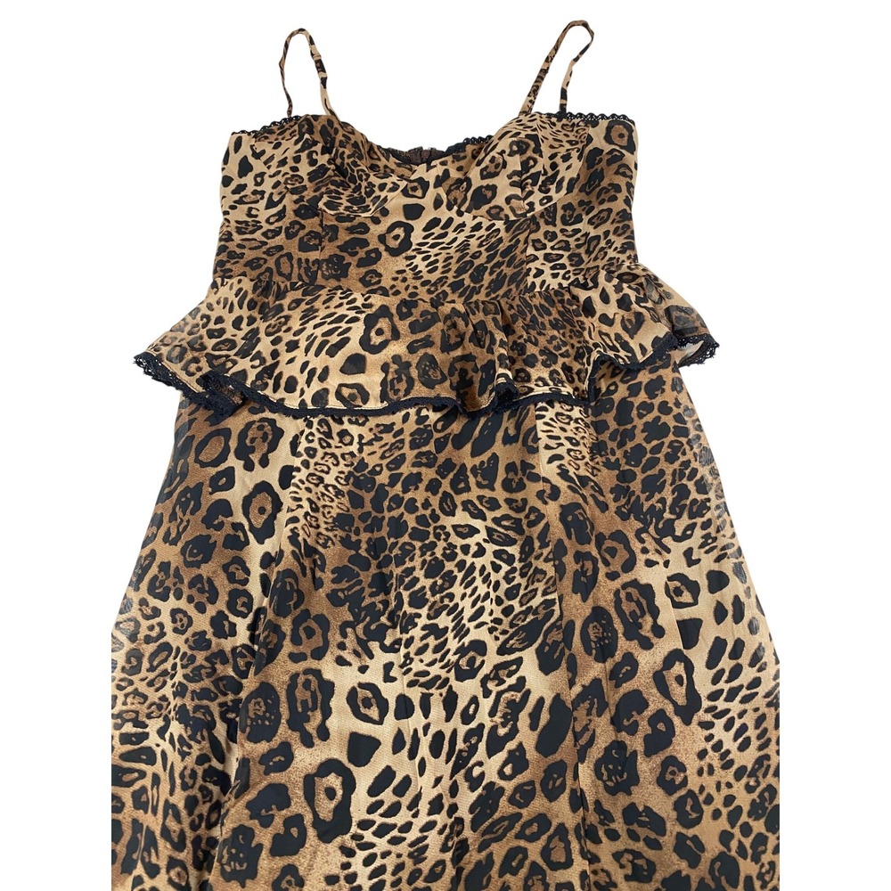 VICI Leopard Print Peplum Maxi Dress Brown Black Lace Trim  Large - Picture 3 of 12